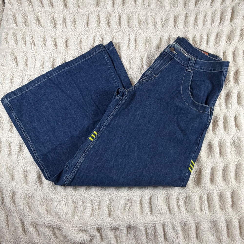 Vintage JNCO Solid State Wide Leg Jeans Blue Denim Yellow Stripe Size 17 Skater